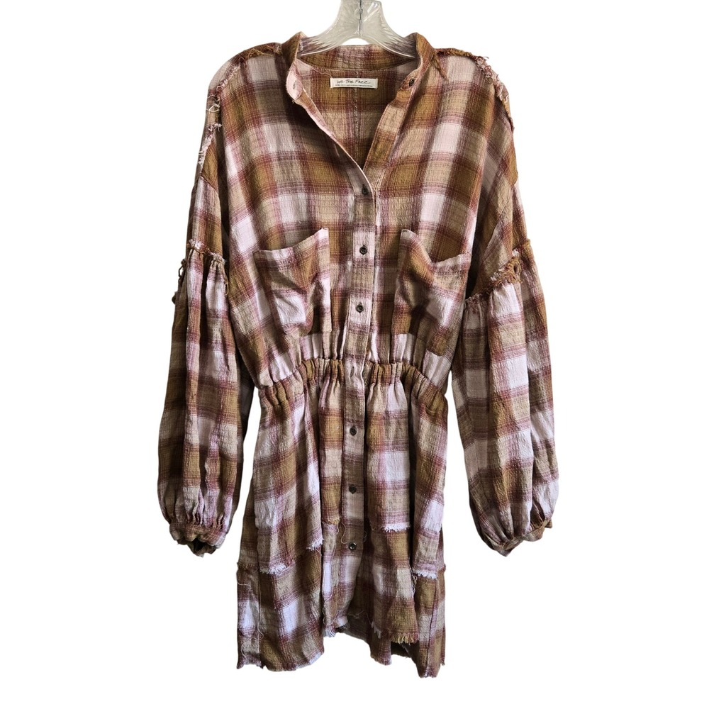 We The Free XS Plaid Mini Dress Womens Brown Excellent Balloon Sleeve Distressed